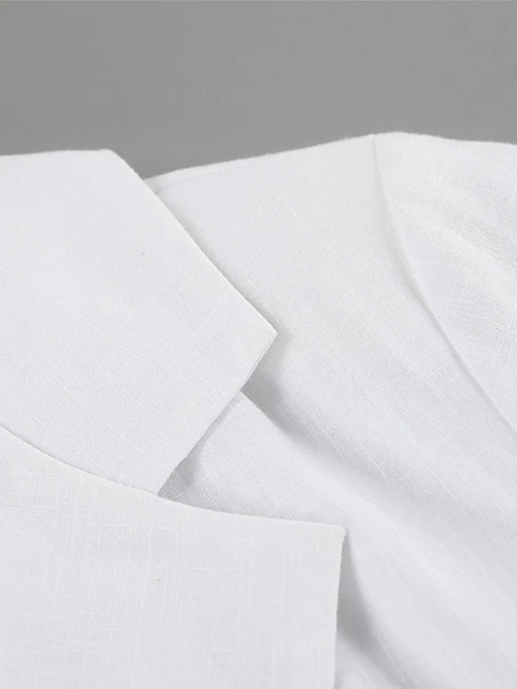 Aiertu  -  Cotton Linen Ruffle Dress Solid Color Suit Collar Deep V Fake Two Pieces Slim Fit Fashion Slimming Short Wrap Hip Dresses Spring Aiertu