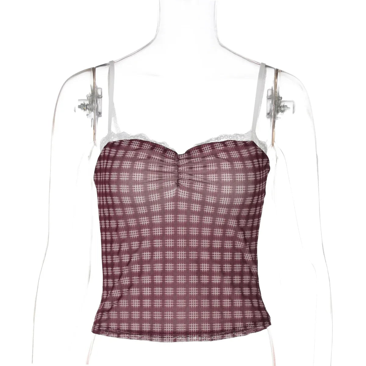 Aiertu  -  Casual Sexy Plaid Camisoles Y2K Girls Spaghetti Strap Crop Tops Streetwear Women's Sleeveless Backless Plaid Corset Top Wine Red Aiertu