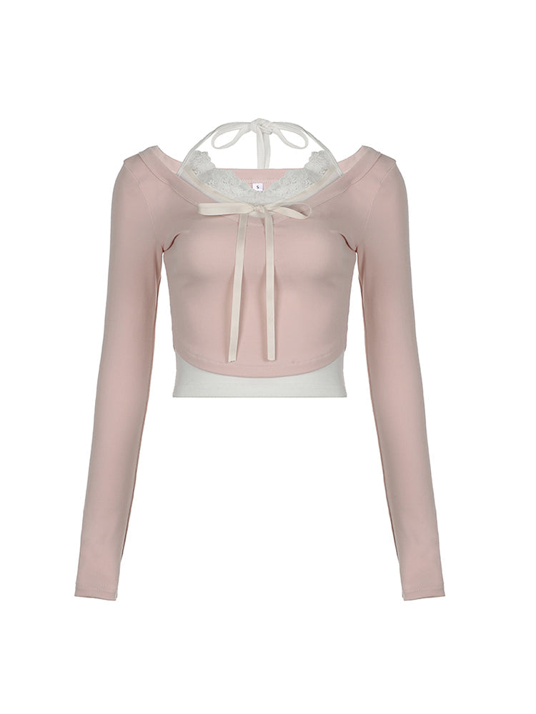 Aiertu - summer inspo Sweet Y2K Lace Contrast Patchwork Slim Long Sleeve Pink T Shirt Women 2000s Cute Kawaii Clothes Aiertu
