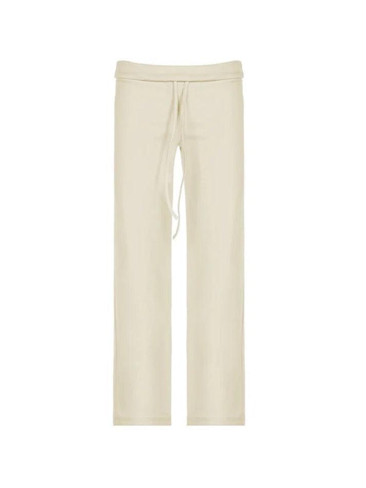 Aiertu  Solid Turned Waist Tie Up Flare Leg Pants Aiertu