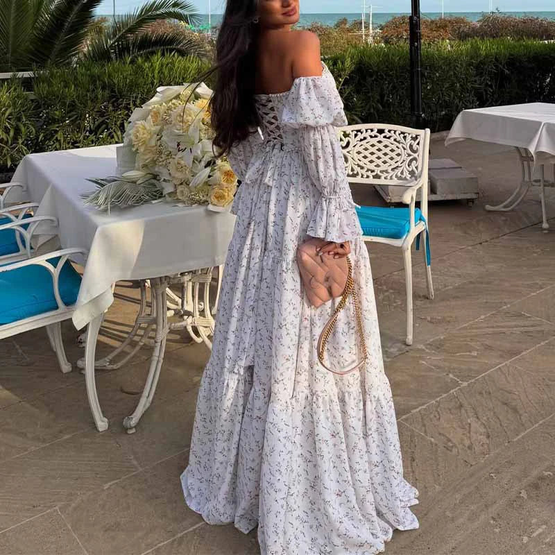 Aiertu  -  Fashion Long Sleeved Backless Princess Dress New Summer Floral Print Robe Dress Sexy Off Shoulder Pleated Women Party Dress Aiertu