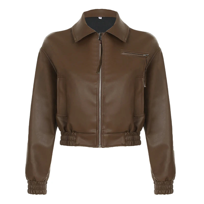 Aiertu  -  Korean Fashion Brown PU Jacket Y2K Vintage Autumn Casual Faux Leather Zipper Coat Harajuku Streetwear Outwear Lady Aiertu