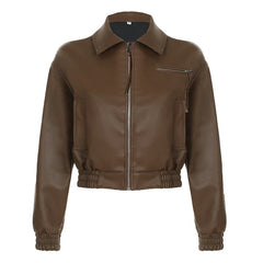Aiertu  -  Korean Fashion Brown PU Jacket Y2K Vintage Autumn Casual Faux Leather Zipper Coat Harajuku Streetwear Outwear Lady Aiertu