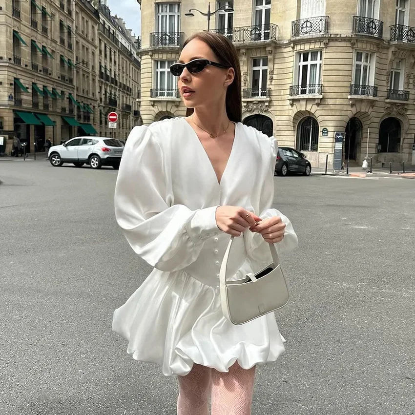 Aiertu  -   Elegant White Sexy V Neck Mini Dress Female Lantern Long Sleeve Retro Casual Ball Gown Dresses High Waist Fashion Aiertu