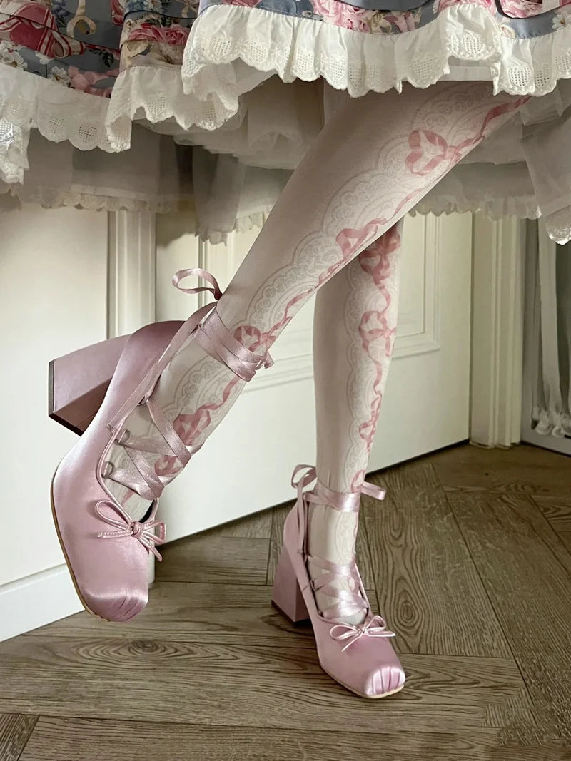 Aiertu  -  Minuet Pink Mary Jane High Heels Lolita Thick Heel Satin Ribbon Ballet Sandals For Women Pumps Aiertu