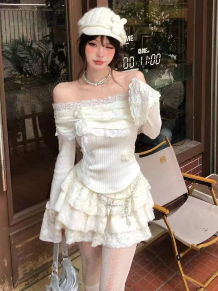 Aiertu Elegant Vintage 2 Piece Sets Women Sweet Flower Lace Slash Neck Knitted Tops + Y2k Mini Cake Skirts Korean Fashion Lolita Suits Aiertu