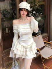 Aiertu Elegant Vintage 2 Piece Sets Women Sweet Flower Lace Slash Neck Knitted Tops + Y2k Mini Cake Skirts Korean Fashion Lolita Suits Aiertu