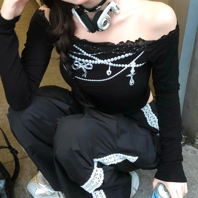 Aiertu  -  Spring Lace Patchwork Bottoming Tee Shirts Autumn Women Y2k Aesthetic Bow Chain Printing T-shirt Grunge Sexy Cropped Fairy Tops Aiertu