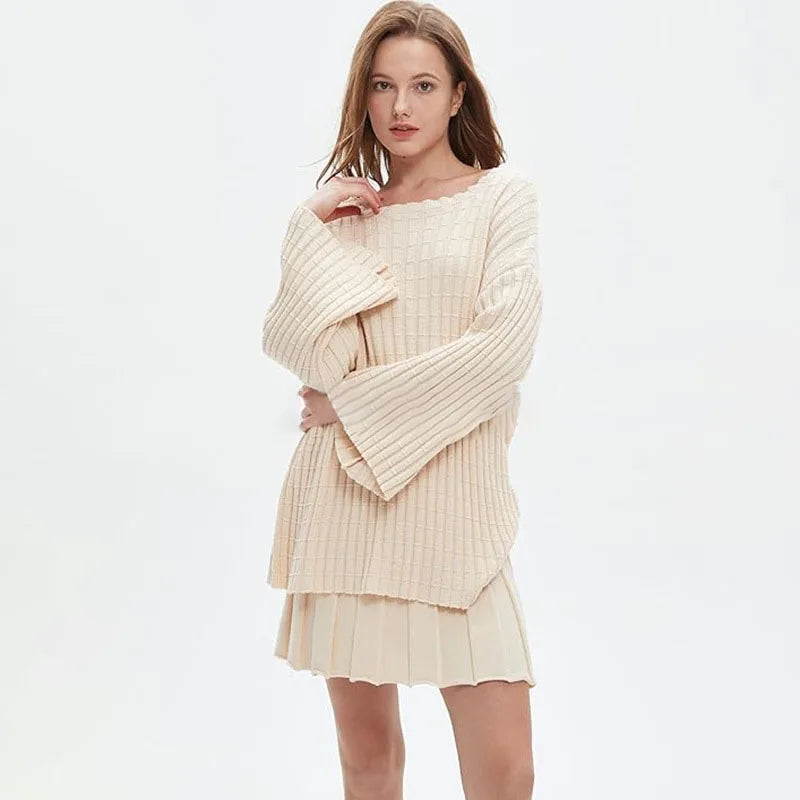 Aiertu  -  Knitted Mini Skirts Set Women 2 Pieces Flare Sleeve Sweater A-line Skirt Pleated Elegant New Lady All-matching Outfit Spring Aiertu