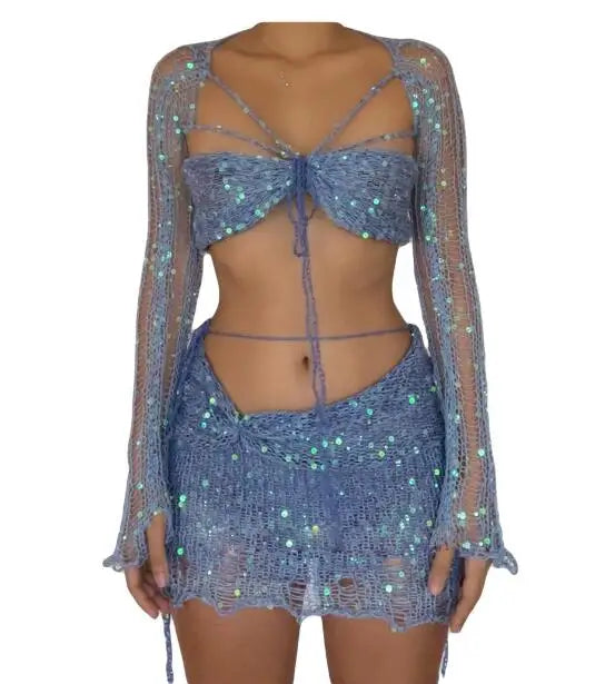 Aiertu  -  party look snspos 2024 Summer Women's Beaded Knitted 3-Piece Set Women's 2000 Sexy Sequined Knitted Party Dress 3-Piece Set Aiertu