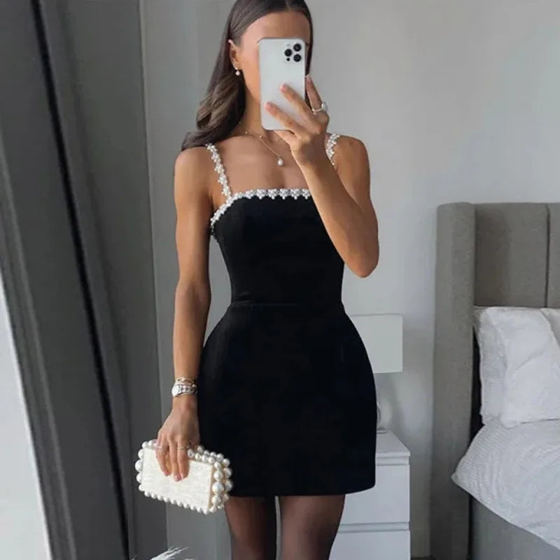 Aiertu  Pearl 3D Flower Decor Black Velvet Mini Dress Women Sexy Sleeveless High Waist Slim Dresses 2025 Spring Square Collar Party Gown Aiertu