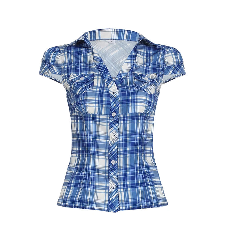 Aiertu  Plaid Patchwork Slim Fit Single Button Women’s Shirts Causal Basic Chic New Summer Short Blouses Aiertu