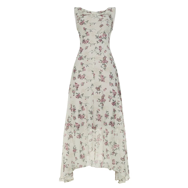 Aiertu  French Chic Elegant Flower Print Women Dress Lace Trim Ruched Slim Long Dress Summer New Clothes Aiertu