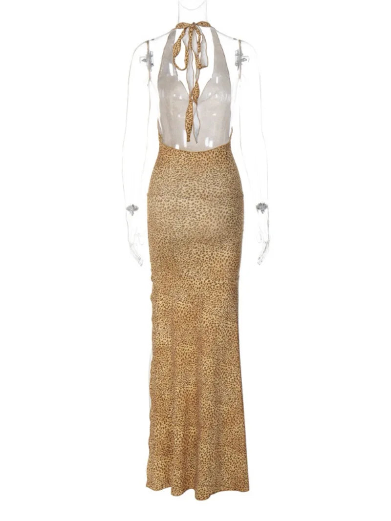 Aiertu  -  Women's Halter Neck Sleeveless Backless High Slit Beach Dress Female Leopard Printed Lace-up High Waist Slim Long Party Dresses Aiertu