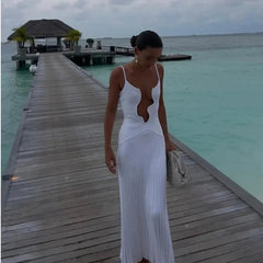 Aiertu  -  Sexy Irregular Wave Hollow Out Long Dress Women Fashion Patchwork Pleated Backless Sling Dresses Lady Summer Holiday Beach Robes Aiertu