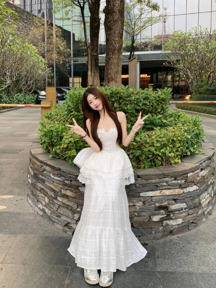 Aiertu  -  White Dress Ladies Temperament Patchwork Lace Two-piece Suit Spring Summer 2025 New Elegant Princess Dress Simplicity Suit Aiertu