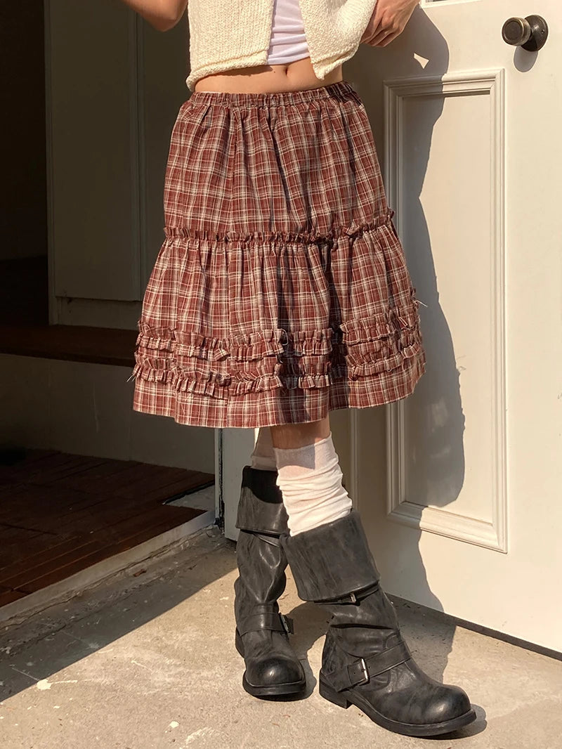 Aiertu  -  Vintage Plaid Mini Skirt Women Japanese Harajuku Ruffles Patchwork Black Skirts Summer High Waist Casual A Line Faldas New Aiertu