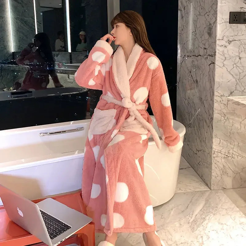 Aiertu  -  Women Print Mid-calf Robes Design Winter Warm Thick Korean Style Homewear Lounge Casual Popular Feminino Fashion Loose Bathrobe Aiertu