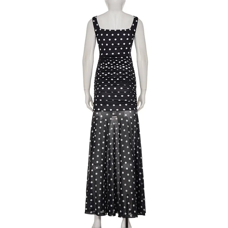 Aiertu  -  See Through Polka Dot Print Mesh Summer Dress French Style Elegant Square Neck Sleeveless Long Dresses P77-EG35 Aiertu