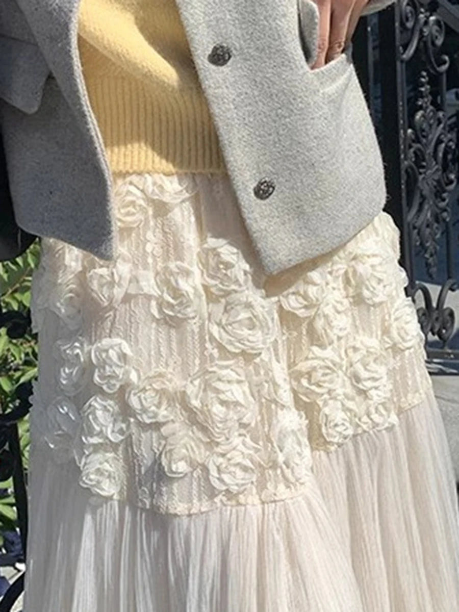 Aiertu  -  3D Flower Mesh Long Skirt Women Korean Fashion Elastic Waist A-line Faldas Spring Casual Elegant Simple Midi Skirts 2025 New Aiertu