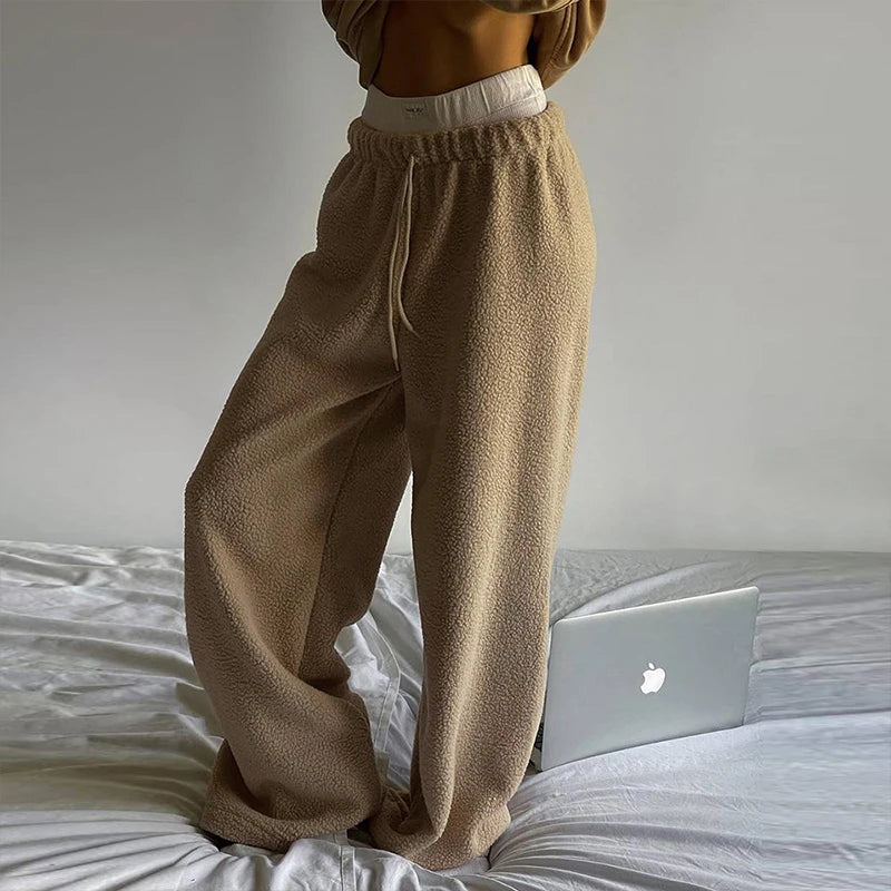 Aiertu  -  Winter Style Warm Women's Harajuku Casual Loose Fit Lamb Wool Solid Drawstring Elastic Waist Lacing Wide Leg Straight Pants Aiertu