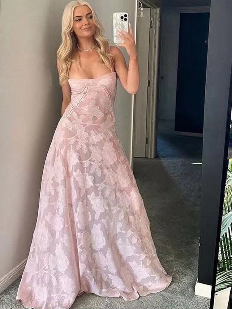 Aiertu  -  Elegant Print Floral Sling Maxi Dresses Women's Backless Square Neck Gown 2025 Summer Beach Vacation Sleeveless High Waist Dress Aiertu