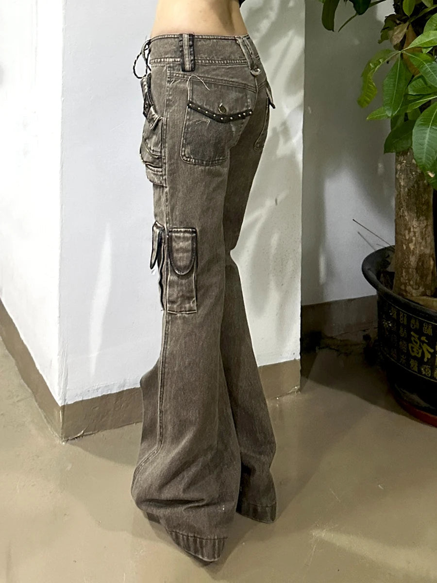 Aiertu  -  Cowgirl Lace Up Low Waist Cargo Jeans Do Old Zipper Decor Distressed Brown Boot Cut Pants 90s Retro Women Streetwear Aiertu