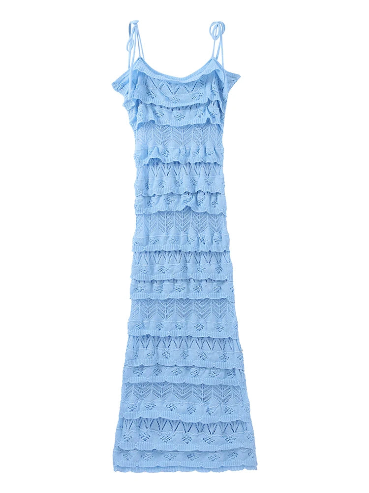 Aiertu  -  Knitted Lace Halter Long Dress Ruffles Pleated Hollowed Out Suspender Slim Fit Sexy Beach Women Strap Dresses Multi-Layer Robes Aiertu