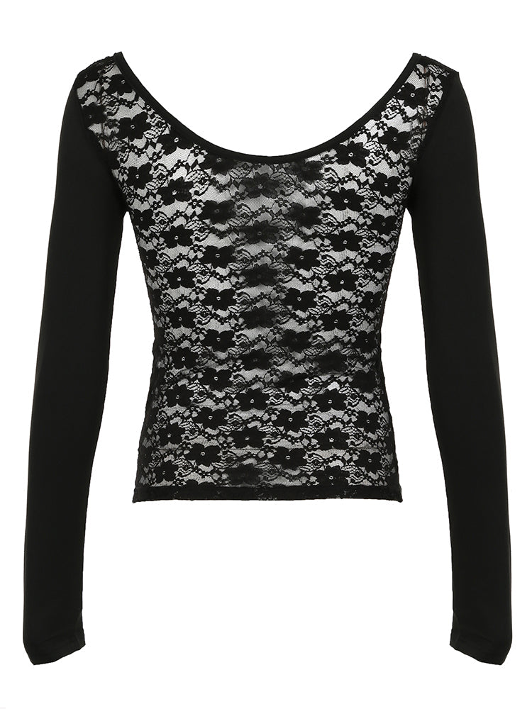 Aiertu - summer inspo Hot Back See Through Lace Patchwork Elegant Sexy Black T Shirt Women Button Up O Neck Slim Long Sleeve Solid Basic Tees Aiertu