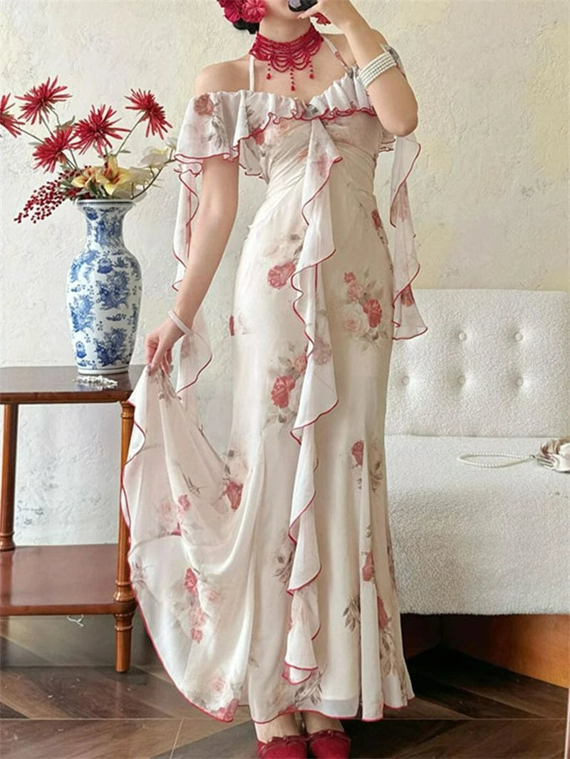 Aiertu  -  Women Off Shoulder Ruffle Maxi Dress Elegant Floral Print Slim Fit Long Dress Vintage Fairy Style Summer Party Dress 2025 New Aiertu
