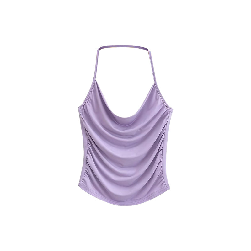 Aiertu Solid Color Halter Backless Pleated Slim Stretch Top Aiertu