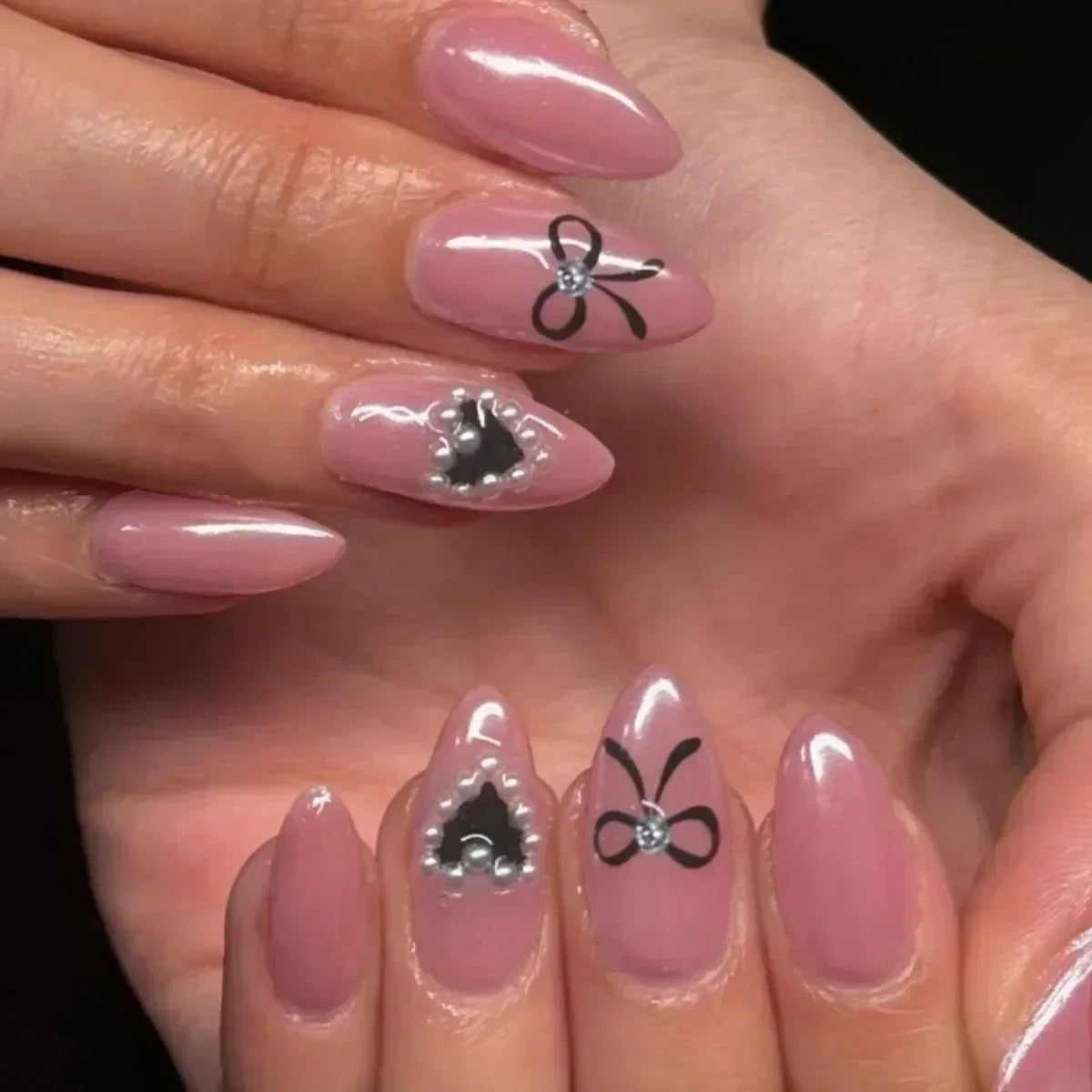 Aiertu 24Pcs Pink Almond French Press on Nails With 3D Bow ripple charms Design Fake Nails Ballerina False Nails Full Cover Nail Tips Aiertu