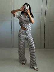 Aiertu  -  Striped Knitted Pullover Pants Sets Women Polo Collar Short Sleeve Tops Straight Trousers Suits Commute Summer 2026 Loose Outfit Aiertu