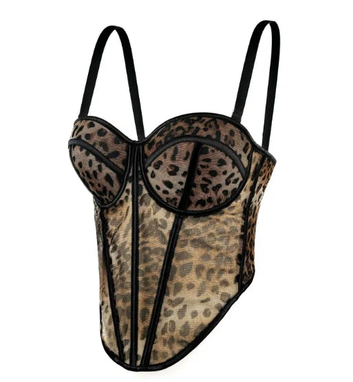 Aiertu  -  Women's Leopard Print Shapewear Splicing Camisole Top Mesh Lace Fishbone Bustier Inner and Outerwear Corset Top Lingerie Aiertu