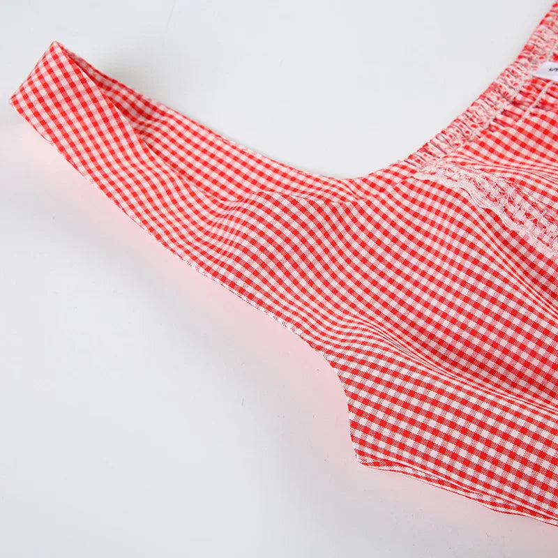 Aiertu  -  Girl Sweet Bow Splicing Plaid Contrast Color Lace Splicing Low Neck Sleeveless Small Vest New Aiertu