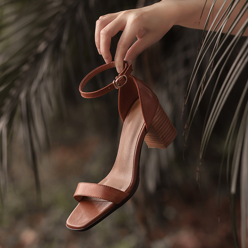 Aiertu  -  Women's genuine leather thick high heel open toe summer ankle strap sandals retro elegant ladies OL style casual female shoes Aiertu