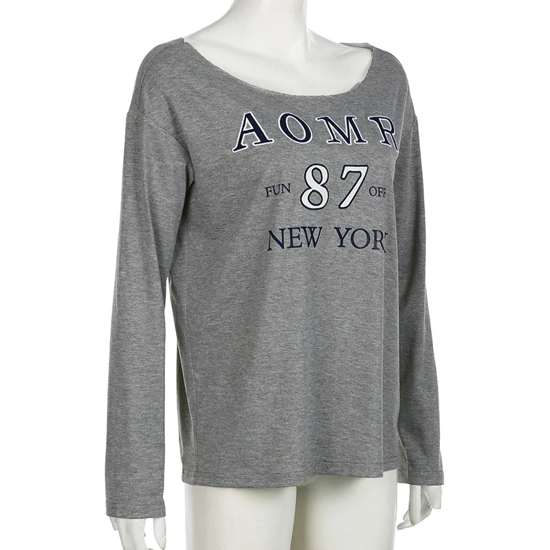 Aiertu  -  Letter Printed Loose Fit Tops Streetwear Casual Full Sleeve Women Tees Skew Collar Concise Long T-shirts Autumn Winter Aiertu