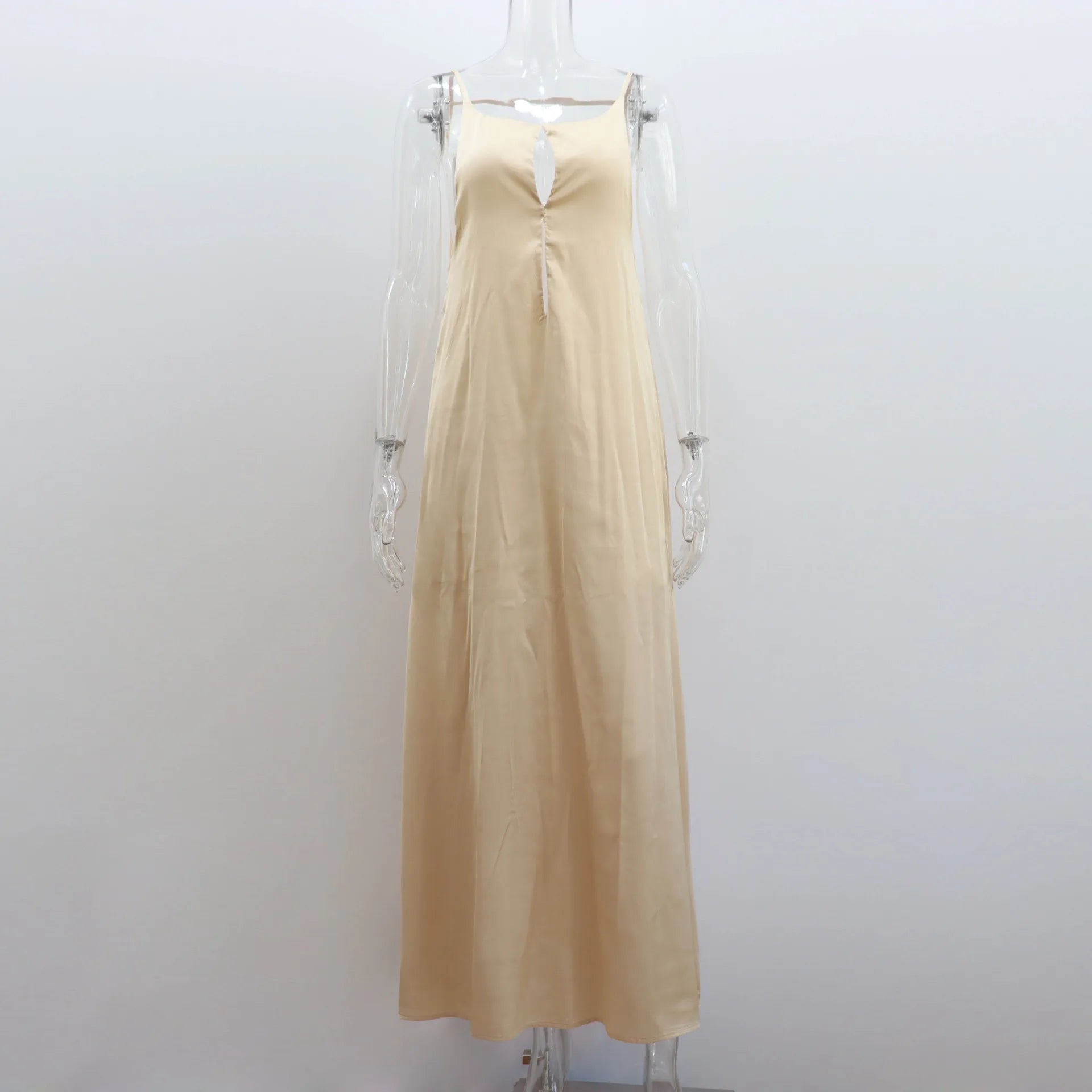 Aiertu  -  Ladies Feminine Buff Dress Loose Backless Round Neck Spaghetti Strap Drop Waist Long Robe Vacation Formal Ceremony Party Gown Aiertu
