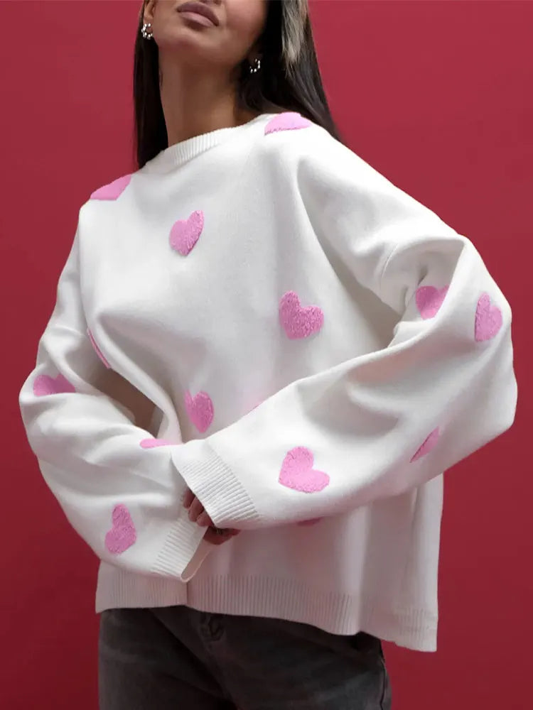 Aiertu  -  Love Heart Printed Knitted Sweater Pullover Tops Fashion O Neck Thickened Long-sleeved Sweaters Women Oversized Street Jumper Aiertu
