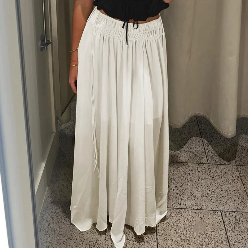 Aiertu  -  Slim Drawstring Pleated Long Skirt For Women Elastic Waist Solid Color High Waist Fashion Patchwork Female Long Skirt Aiertu