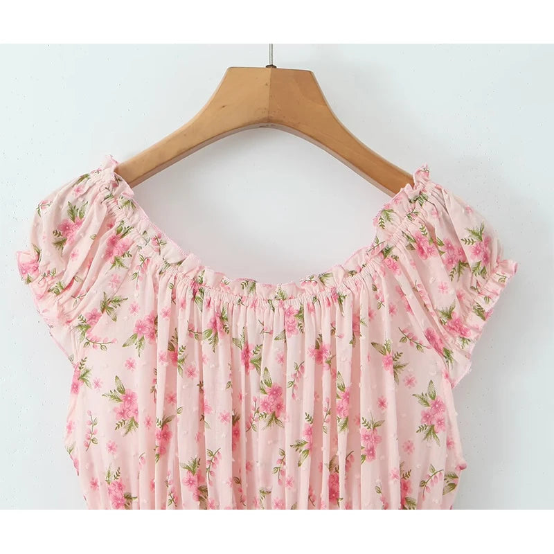 Aiertu  -  Sexy Off Shoulder Pink Floral Print Dress For Women Short Sleeve Elastic Waist Summer Mini Dresses Holiday Robe Aiertu