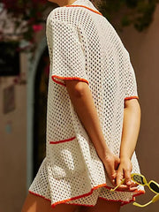 Aiertu  -  Knitted Hollow Out Crochet 2 Piece Set Women V Neck Short Sleeve Pocket Blouse+Shorts Summer Casual Fashion Vacation Shorts Sets Aiertu