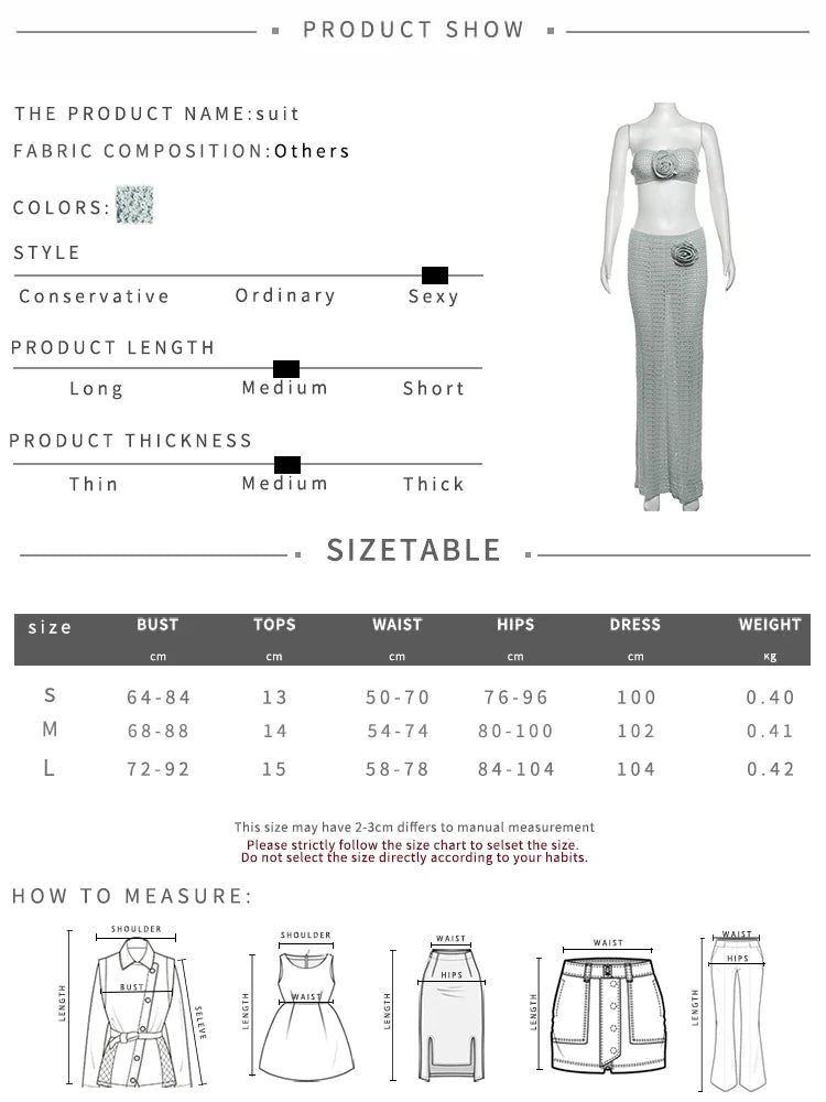 Aiertu  -  2 Piece Set Women Crochet Applique Chest Wrap Lace-Up Camisole+Skinny Solid Stretch Long Skirts Matching Elegant Suit Aiertu