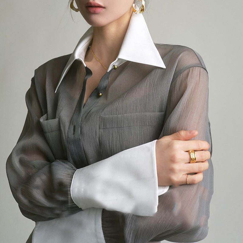 Aiertu Vintage Blouses Women Elegant Sun Proof Sheer Long Sleeve Shirts Office Lady Korean Patchwork Loose Casual Sunscreen Tops Aiertu