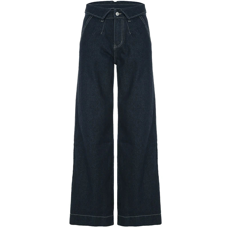 Aiertu  Stylish Y2K Fold Over Waist Baggy Jeans Dark Blue Vintage Casual High Street Loose Denim Straight Pants Elegant Lady Aiertu