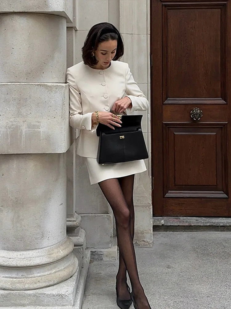 Aiertu  -  Five Button Suit Jacket Coat Short Skirt Set Round Neck Commuting Slim Fit Elegant Outwear Women Overcoat Skirts Formal Attire Aiertu