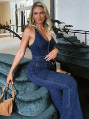 Aiertu  -  Halter Slim Denim Jumpsuits For Women Sleeveless High Waist Streetwear Backless Lady Fashion Sexy Plunge Rompers Outfits Aiertu