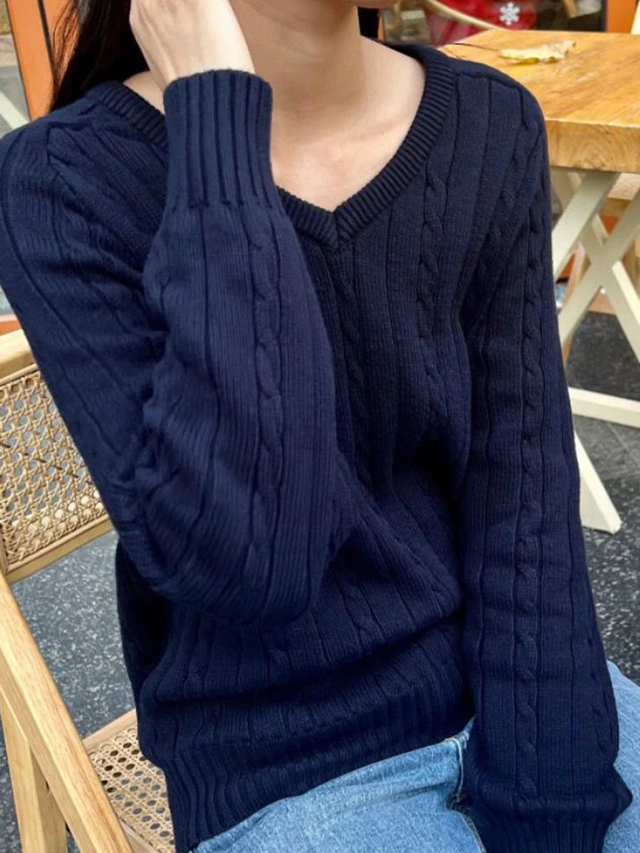 Aiertu  -  Autumn Winter Gray Twisted Flower Sweater Women Long Sleeve V Neck Knitted Pullover Preppy Style Vintage Casual Jumper 2025 New Aiertu