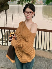 Aiertu  -  Vintage Loose Knitted Skew Collar T-shirts 2025 Y2k Aesthetic Spring Streetwear Fairy Tops Women Casual Fashion Hole Grunge Tees Aiertu