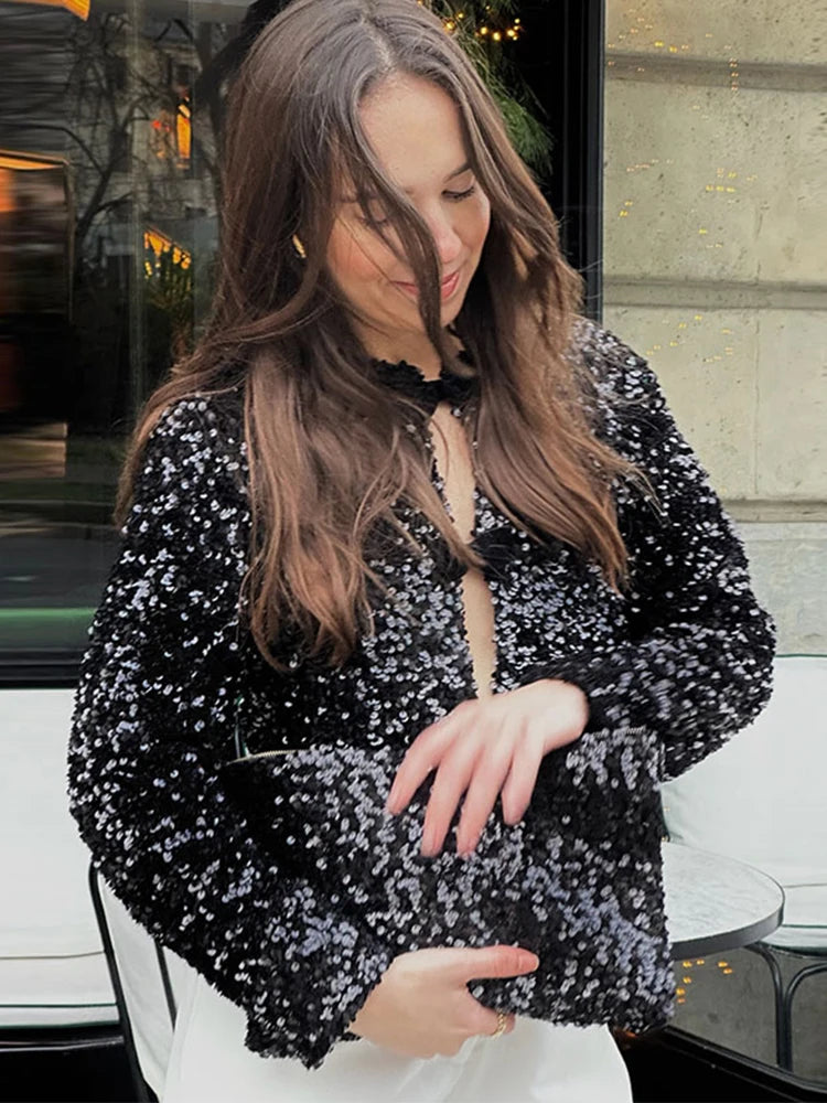 Aiertu  Elegant Sequin Women Cardigan Coat O Neck Hollow Out Bow Tied Shinny Short Top Female Long Sleeve Fashion Highstreet Outerwear Aiertu